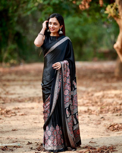 BLACK Crepe Silk Ready-to-Wear Saree with Unstitched Silk Blouse