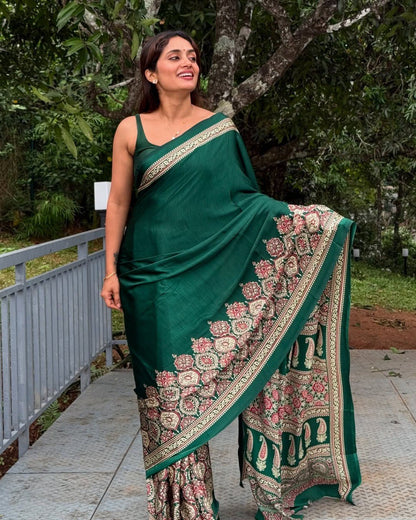 GREEN Crepe Silk Ready-to-Wear Saree with Unstitched Silk Blouse (Copy)