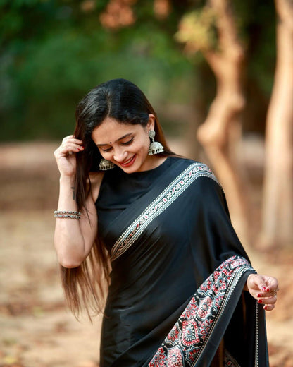 BLACK Crepe Silk Ready-to-Wear Saree with Unstitched Silk Blouse
