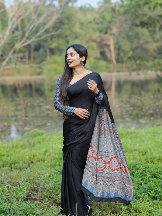 Printed Crepe Silk Ready-to-Wear Saree with Unstitched Silk Blouse