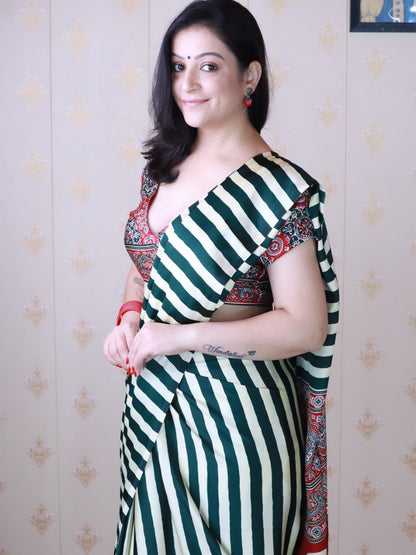 Stylish Printed Crepe Silk Ready-to-Wear Saree with Unstitched Silk Blouse