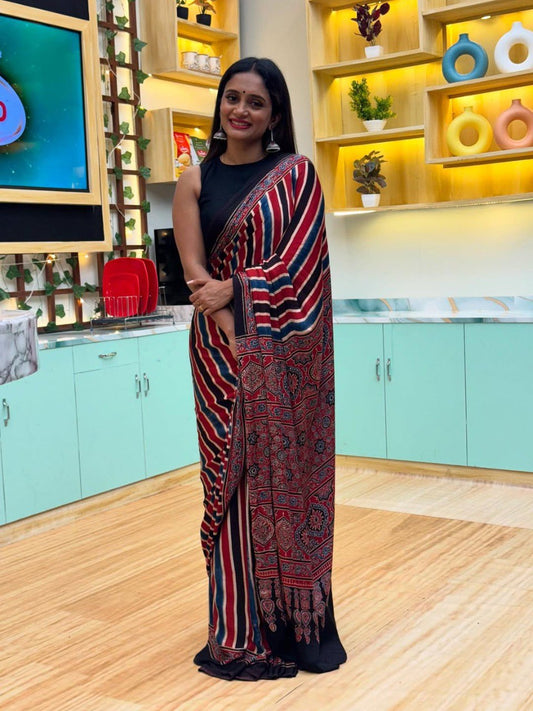 Designer Printed Crepe Silk Ready-to-Wear Saree with Unstitched Silk Blouse