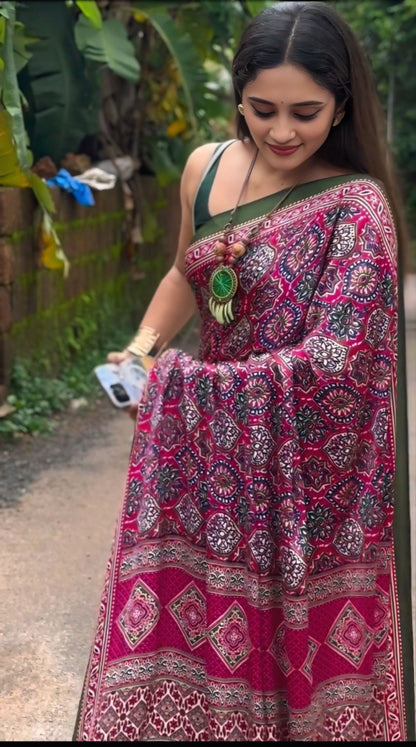 Elegant Printed Crepe Silk Ready-to-Wear Saree with Unstitched Silk Blouse