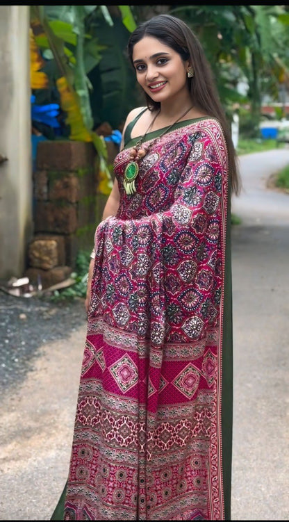 Elegant Printed Crepe Silk Ready-to-Wear Saree with Unstitched Silk Blouse