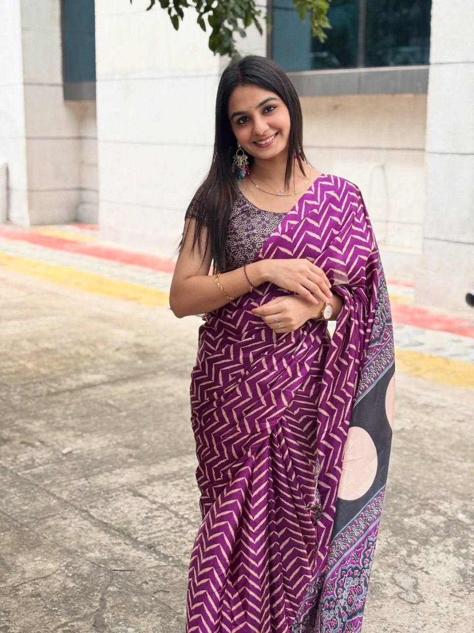 PURPLE Printed Crepe Silk Ready-to-Wear Saree with Unstitched Silk Blouse