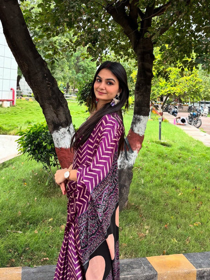 PURPLE Printed Crepe Silk Ready-to-Wear Saree with Unstitched Silk Blouse