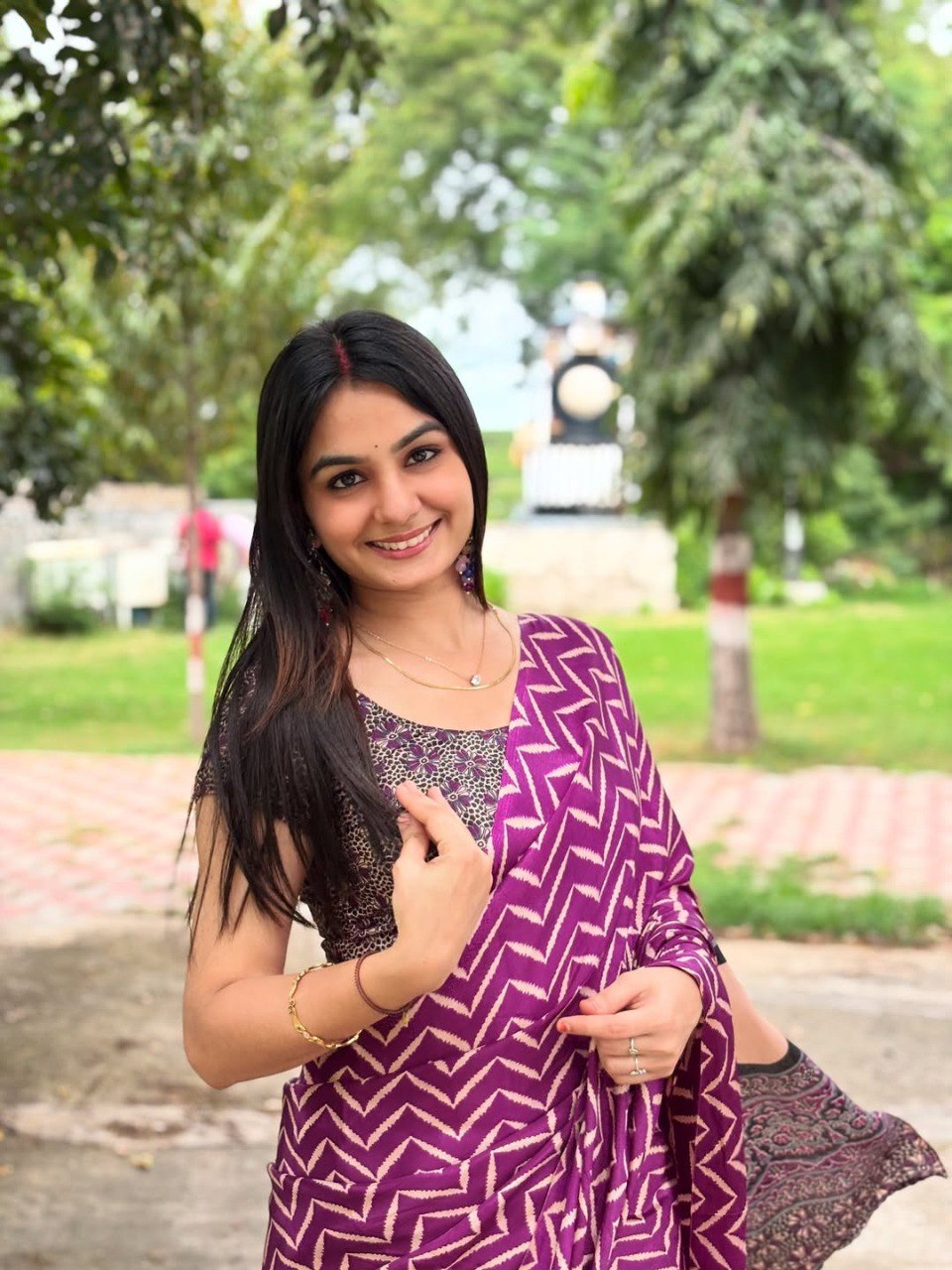 PURPLE Printed Crepe Silk Ready-to-Wear Saree with Unstitched Silk Blouse