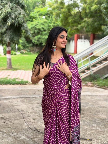 PURPLE Printed Crepe Silk Ready-to-Wear Saree with Unstitched Silk Blouse