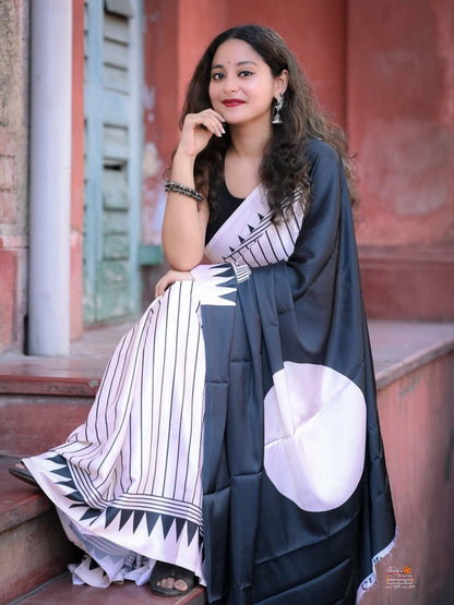 White Multicolor Printed Crepe Silk Ready-to-Wear Saree with Unstitched Silk Blouse