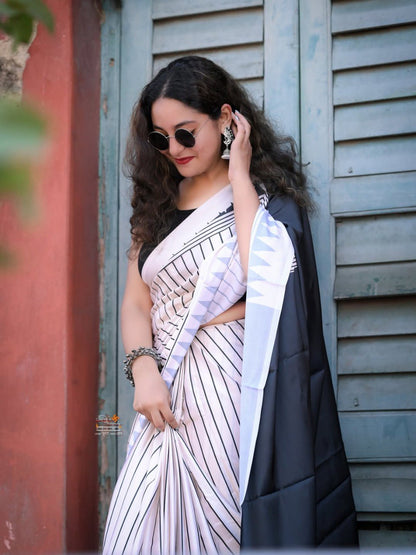 White Multicolor Printed Crepe Silk Ready-to-Wear Saree with Unstitched Silk Blouse