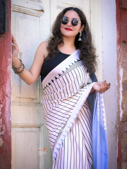 White Multicolor Printed Crepe Silk Ready-to-Wear Saree with Unstitched Silk Blouse