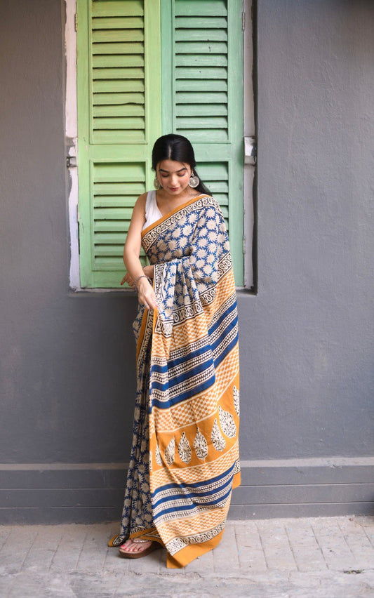 Ready-to-Wear Printed Mul Cotton Saree with Pocket & Unstitched Silk Blouse