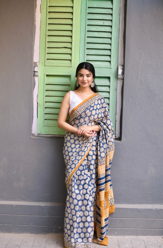 Ready-to-Wear Printed Mul Cotton Saree with Pocket & Unstitched Silk Blouse