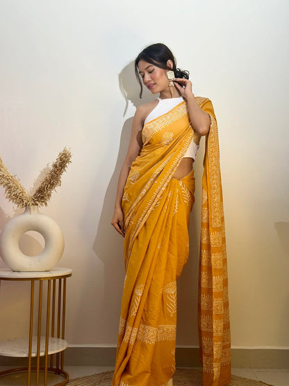 Ready-to-Wear Printed Mul Cotton Saree with Pocket & Unstitched Silk Blouse