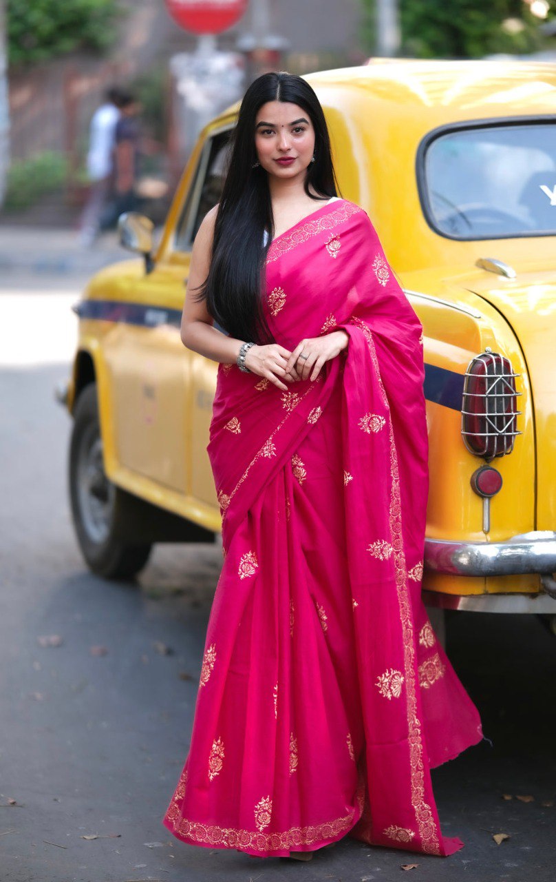 Ready-to-Wear Printed Mul Cotton Saree with Pocket & Unstitched Silk Blouse