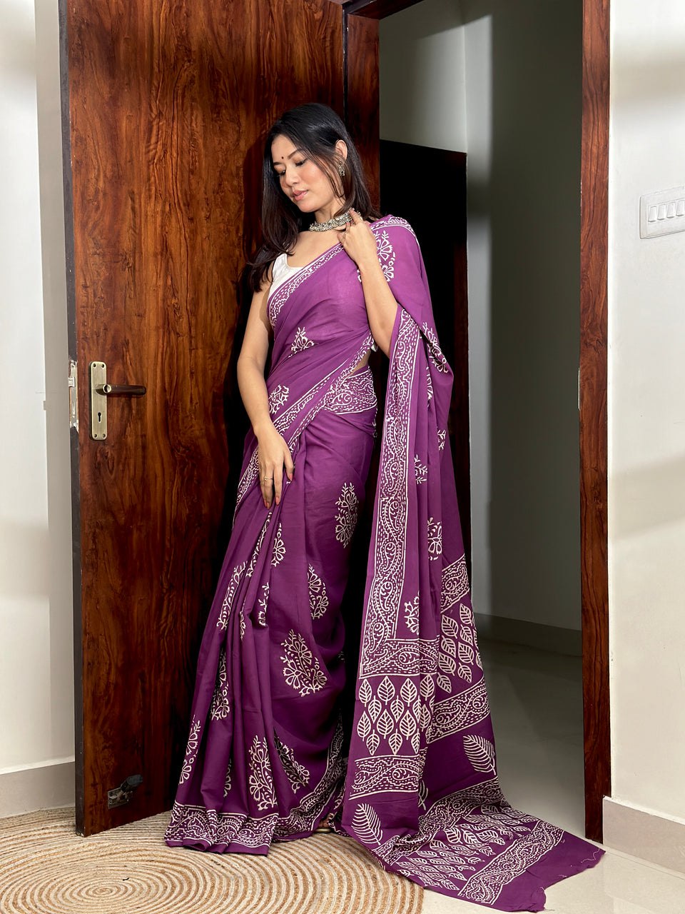 Ready-to-Wear Mul Cotton Printed Saree with Pocket & Silk Blouse Piece