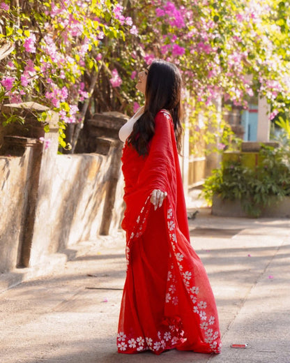 RED Mul Cotton Ready-to-Wear Printed Saree with Pocket & Silk Blouse Piece