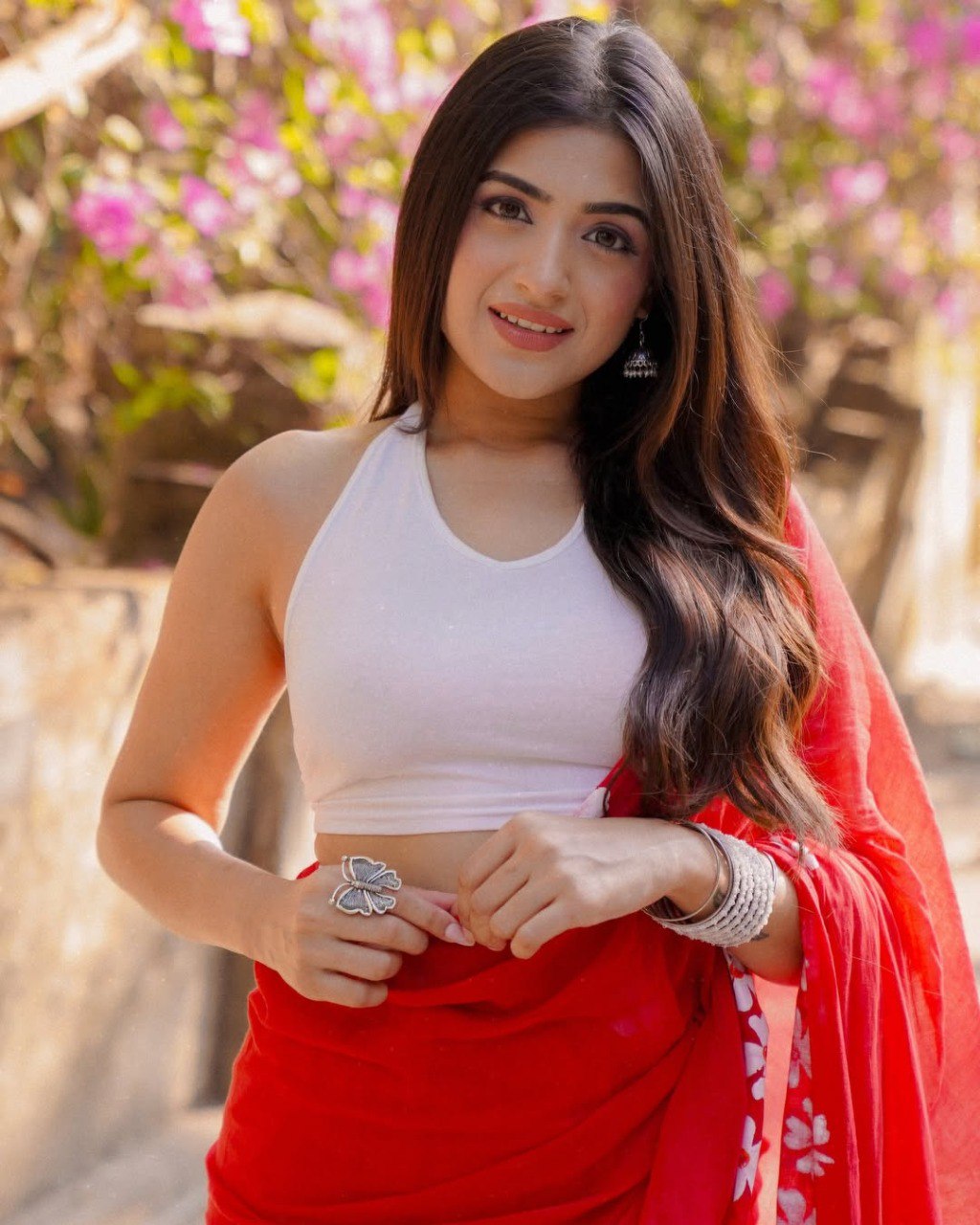 RED Mul Cotton Ready-to-Wear Printed Saree with Pocket & Silk Blouse Piece