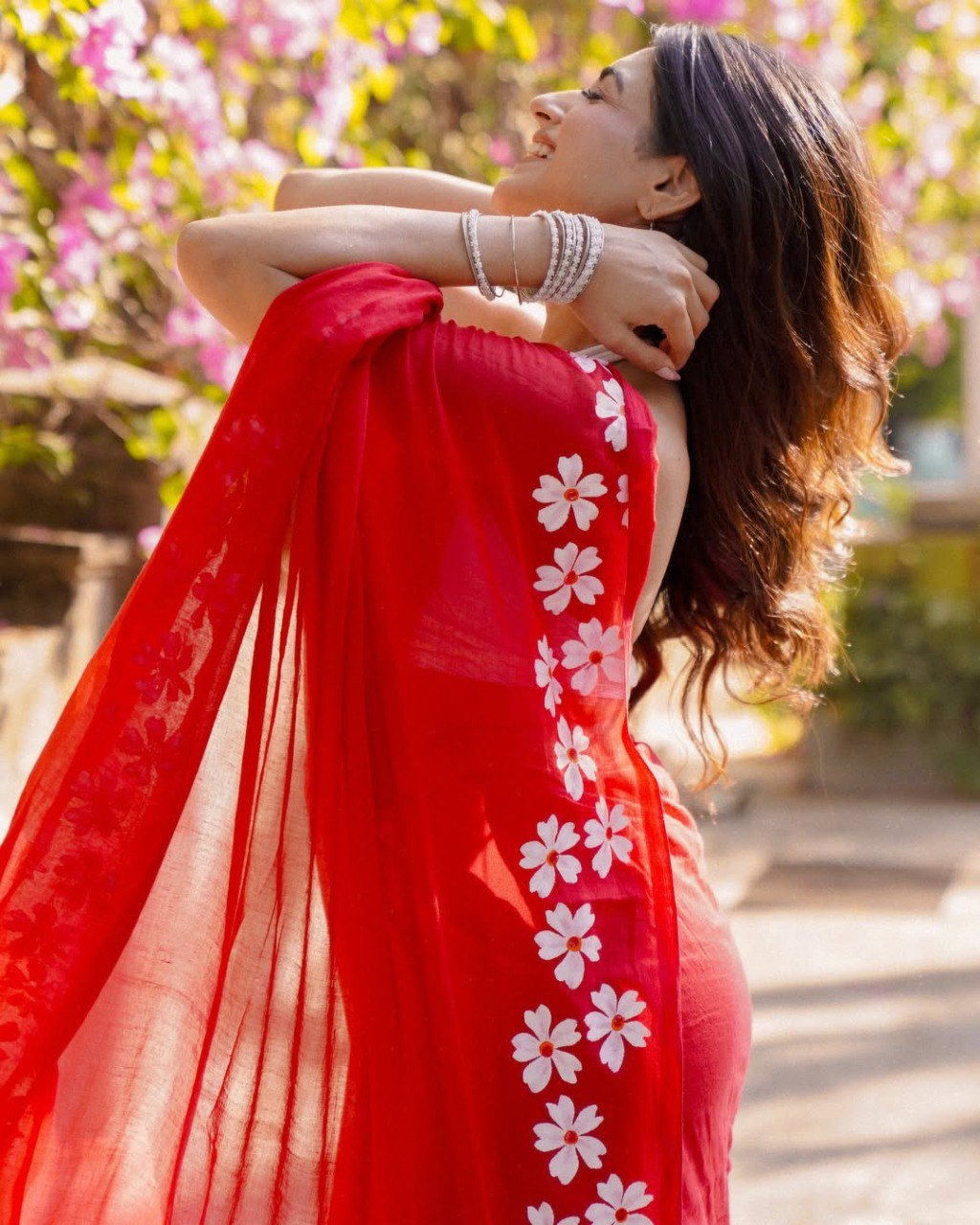 RED Mul Cotton Ready-to-Wear Printed Saree with Pocket & Silk Blouse Piece
