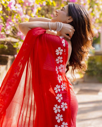 RED Mul Cotton Ready-to-Wear Printed Saree with Pocket & Silk Blouse Piece