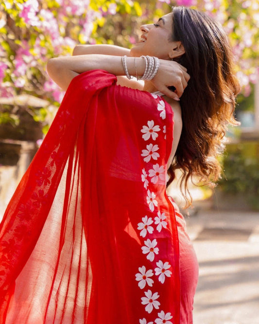 RED Mul Cotton Ready-to-Wear Printed Saree with Pocket & Silk Blouse Piece