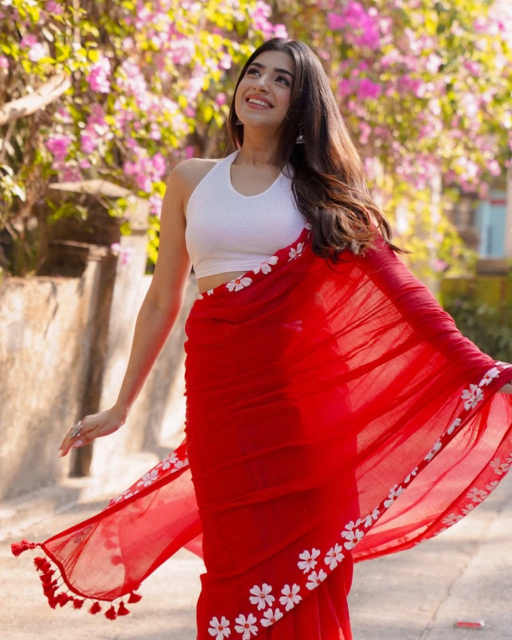 RED Mul Cotton Ready-to-Wear Printed Saree with Pocket & Silk Blouse Piece
