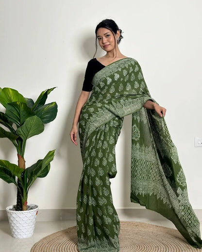 Elegant Mul Cotton Printed Ready-to-Wear Saree with Pocket & Silk Blouse