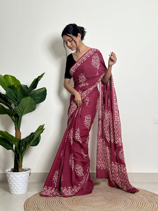 Ready-to-Wear Printed Mul Cotton Saree with Pocket & Unstitched Silk Blouse
