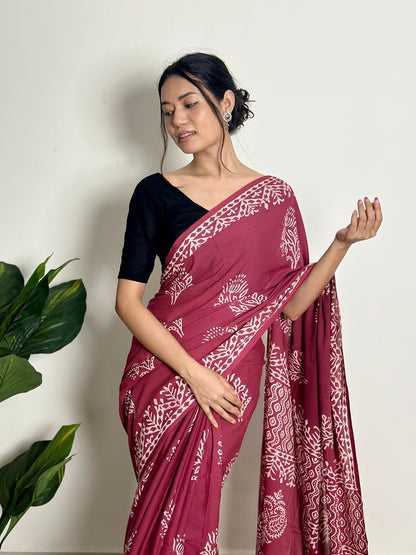 Ready-to-Wear Printed Mul Cotton Saree with Pocket & Unstitched Silk Blouse