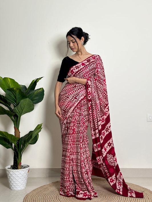 Stylish Printed Mul Cotton Ready-to-Wear Saree with Pocket & Silk Blouse Piece