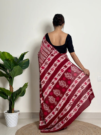 Stylish Printed Mul Cotton Ready-to-Wear Saree with Pocket & Silk Blouse Piece
