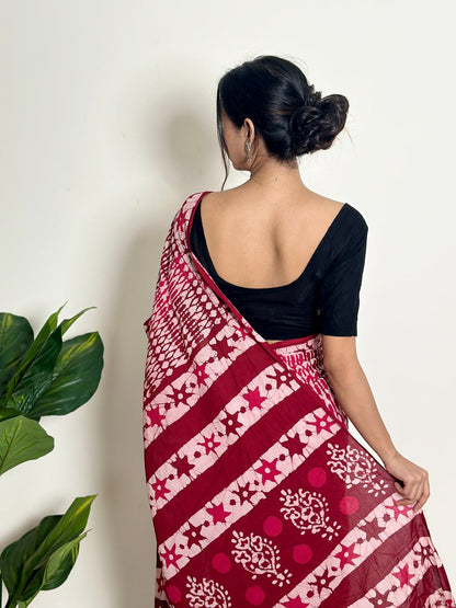 Stylish Printed Mul Cotton Ready-to-Wear Saree with Pocket & Silk Blouse Piece