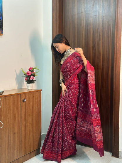 Ready-to-Wear Printed Mul Cotton Saree with Pocket & Silk Blouse