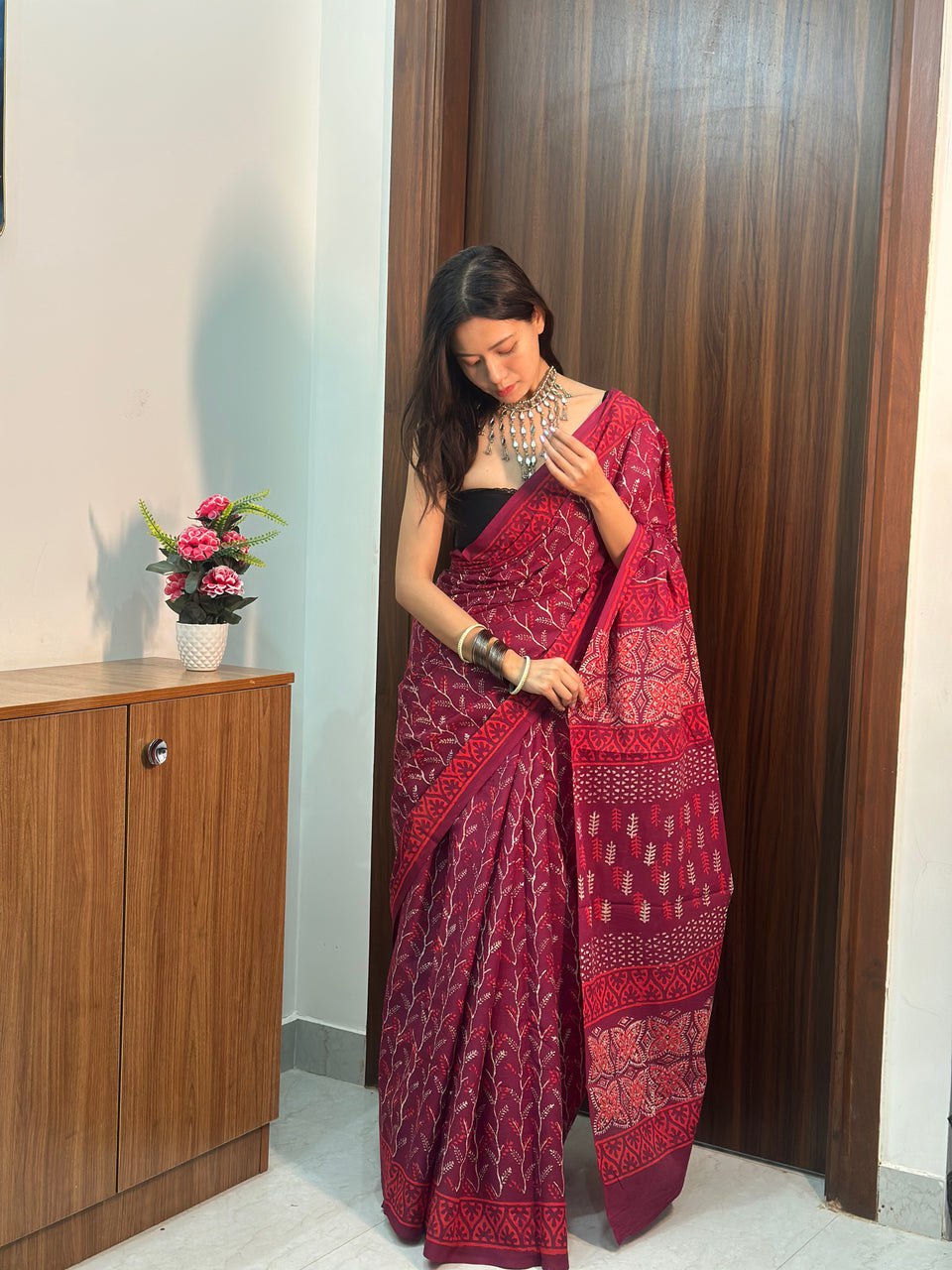 Ready-to-Wear Printed Mul Cotton Saree with Pocket & Silk Blouse