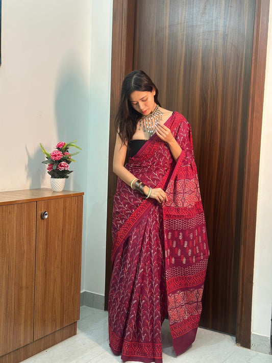 Ready-to-Wear Printed Mul Cotton Saree with Pocket & Silk Blouse
