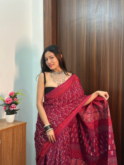 Ready-to-Wear Printed Mul Cotton Saree with Pocket & Silk Blouse