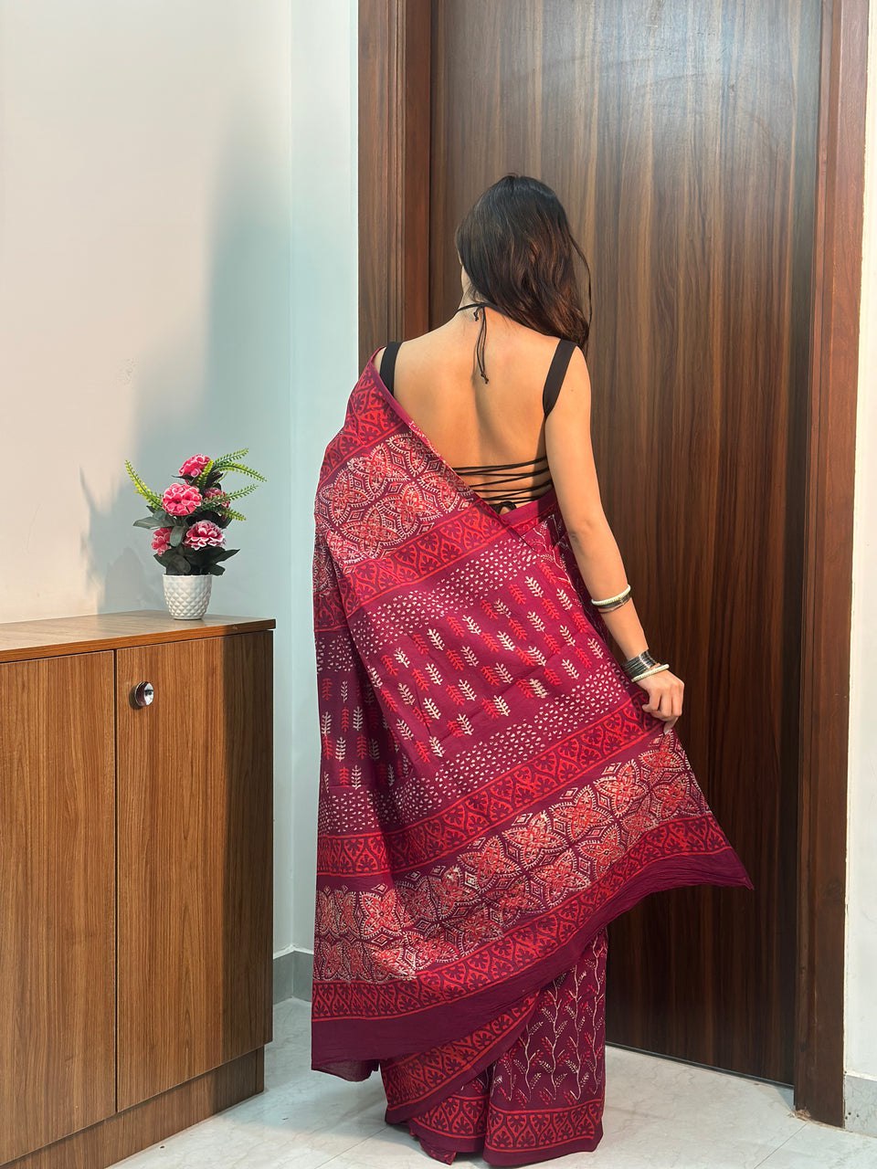 Ready-to-Wear Printed Mul Cotton Saree with Pocket & Silk Blouse