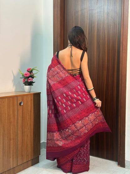 Ready-to-Wear Printed Mul Cotton Saree with Pocket & Silk Blouse
