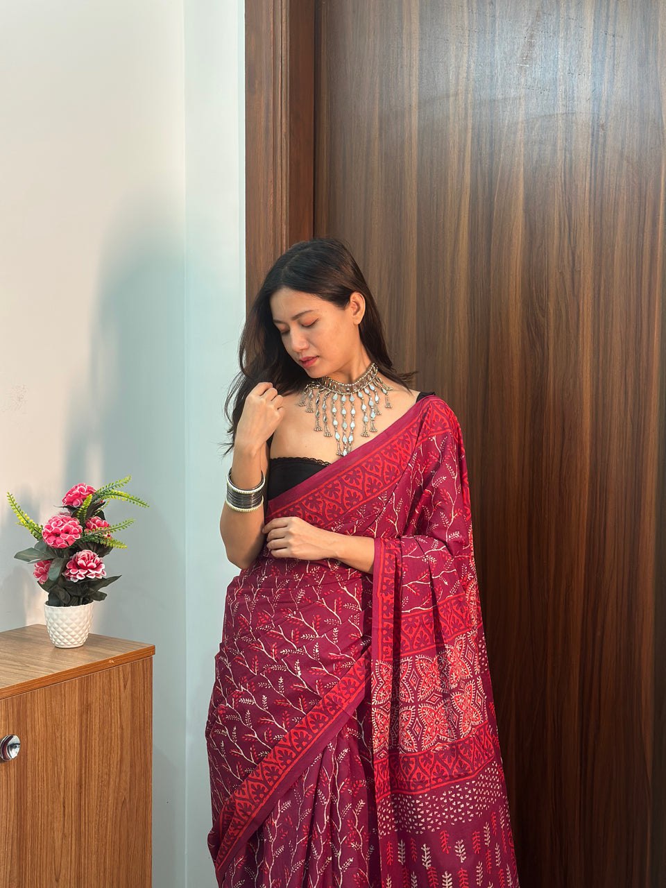 Ready-to-Wear Printed Mul Cotton Saree with Pocket & Silk Blouse