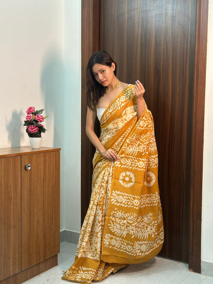 mustard yellow Printed Mul Cotton Ready-to-Wear Saree with Pocket & Unstitched Silk Blouse