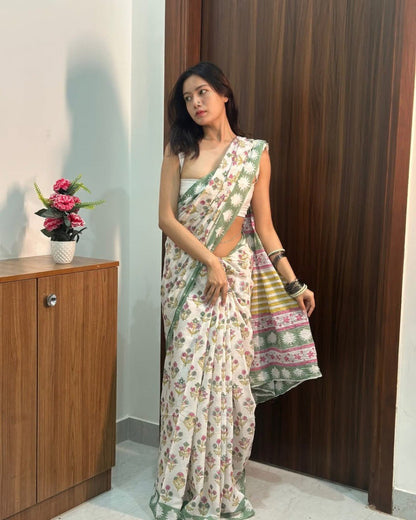 Ready-to-Wear Printed Mul Cotton Saree with Pocket & Unstitched Silk Blouse