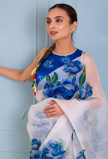 Ready-to-Wear Multi-Color Organza Silk Saree with Handwork & Stitched Blouse