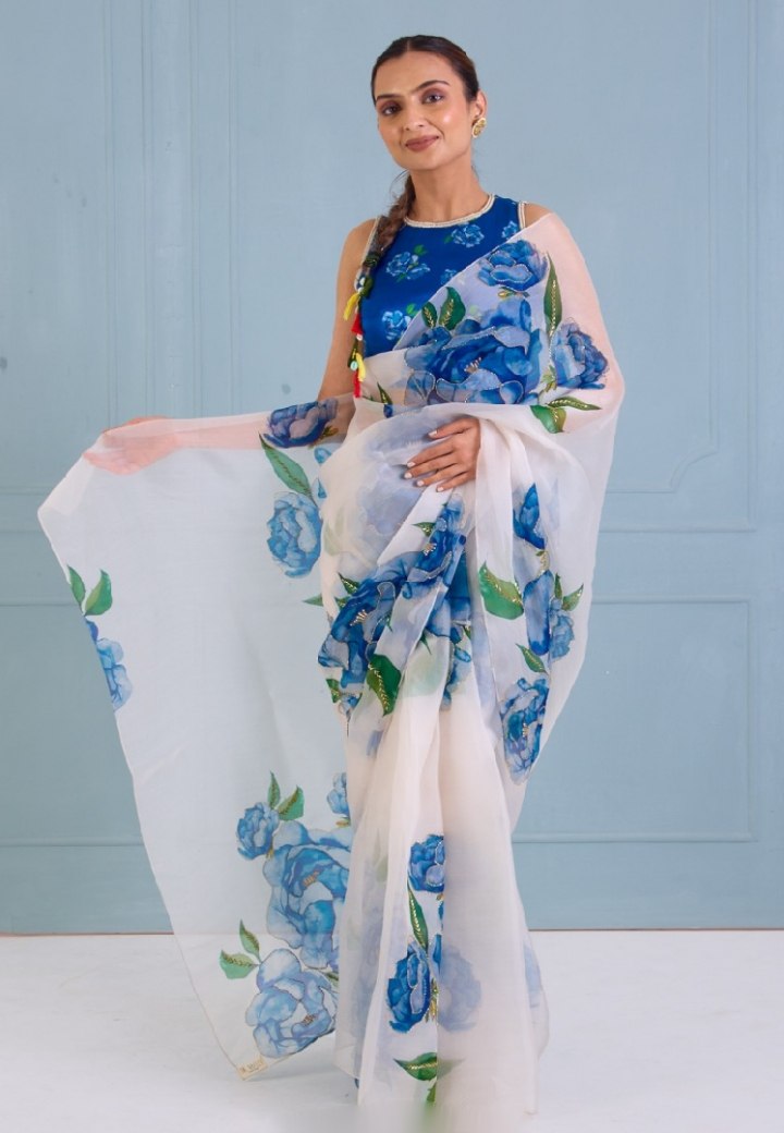 Ready-to-Wear Multi-Color Organza Silk Saree with Handwork & Stitched Blouse