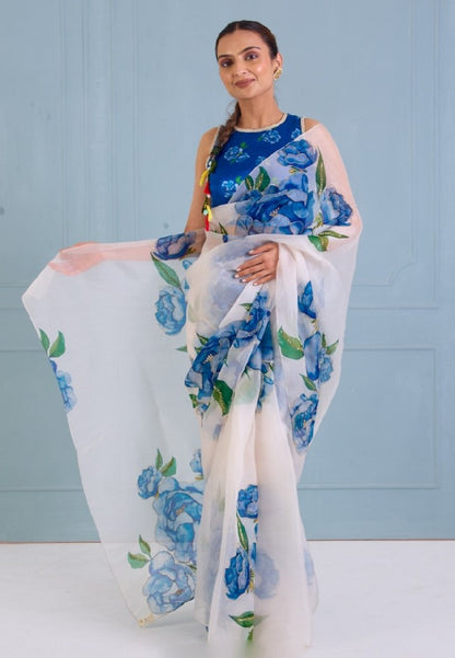 Ready-to-Wear Multi-Color Organza Silk Saree with Handwork & Stitched Blouse