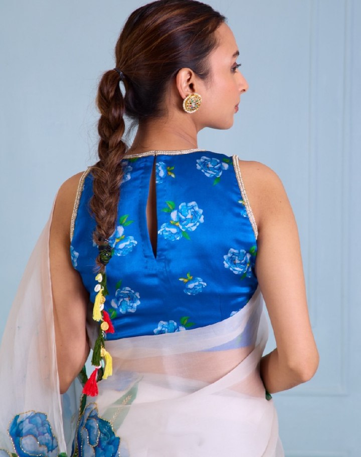 Ready-to-Wear Multi-Color Organza Silk Saree with Handwork & Stitched Blouse