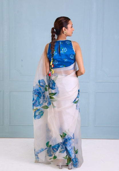 Ready-to-Wear Multi-Color Organza Silk Saree with Handwork & Stitched Blouse