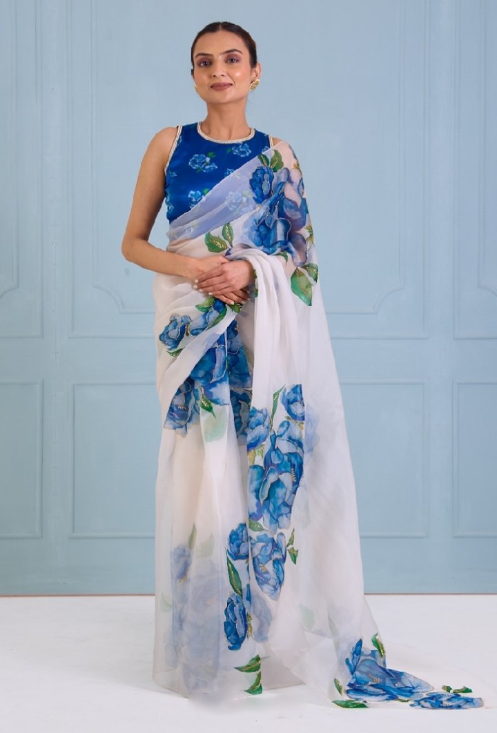 Ready-to-Wear Multi-Color Organza Silk Saree with Handwork & Stitched Blouse