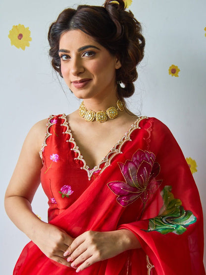 Ready-to-Wear Organza Silk Saree with Floral Print & Handwork and Stitched Blouse