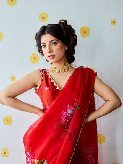 Ready-to-Wear Organza Silk Saree with Floral Print & Handwork and Stitched Blouse