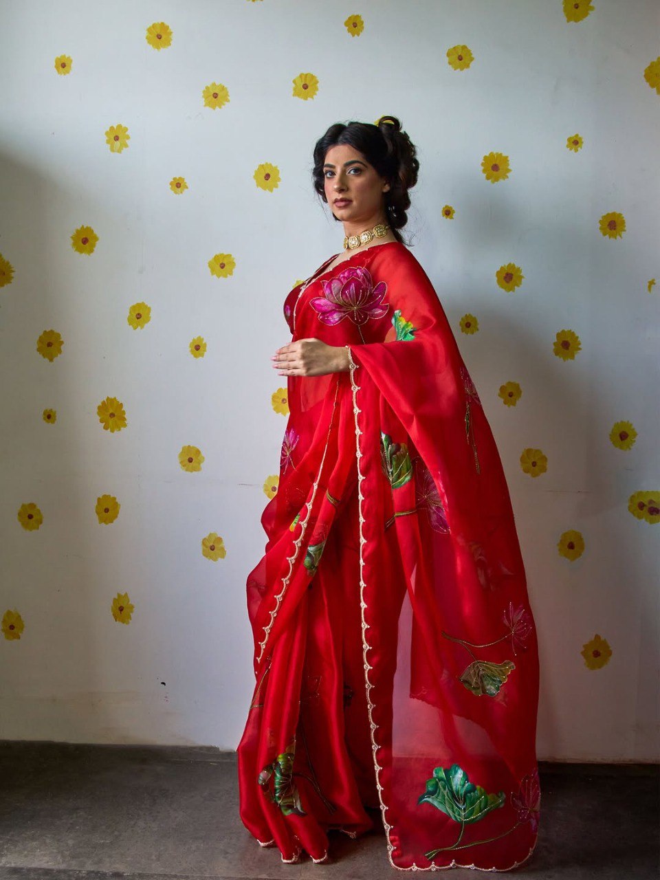 Ready-to-Wear Organza Silk Saree with Floral Print & Handwork and Stitched Blouse